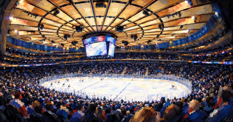 Editorial oil painting of Madison Square Garden in New York.