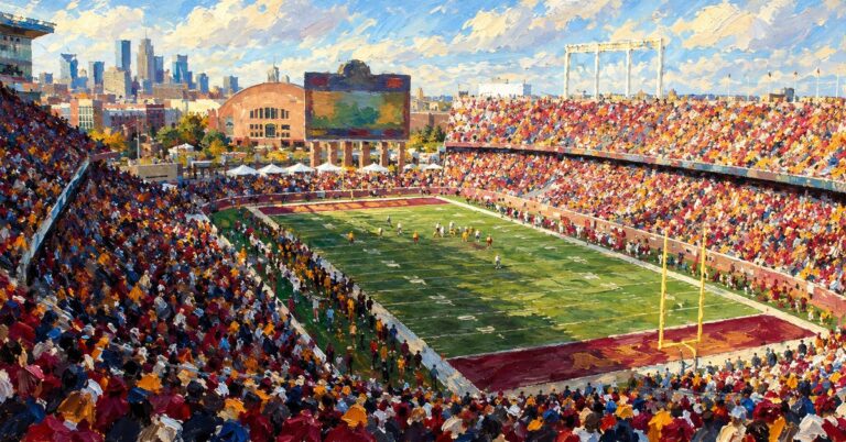 Editorial oil painting of Huntington Bank Stadium in Minneapolis.