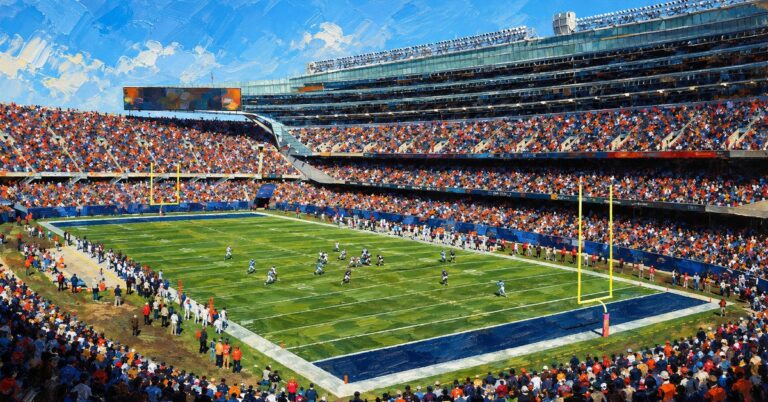 Editorial oil painting of Soldier Field in Chicago.