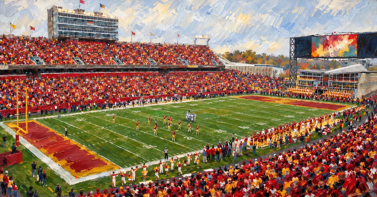 Editorial oil painting of Jack Trice Stadium in Ames.