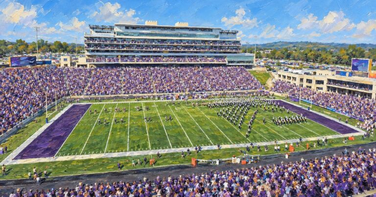 Editorial oil painting of Bill Snyder Family Stadium in Manhattan.