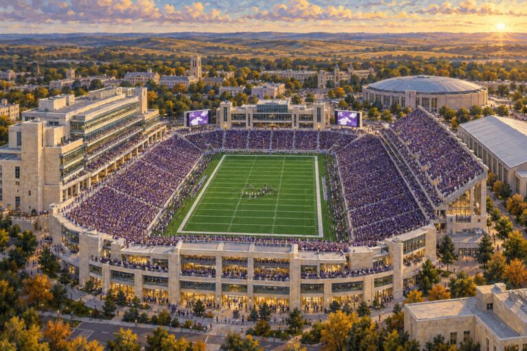 Painterly aerial view of a packed Kansas State football game at Bill Snyder Family Stadium in Manhattan