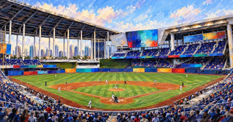 Editorial oil painting of loanDepot park in Miami.