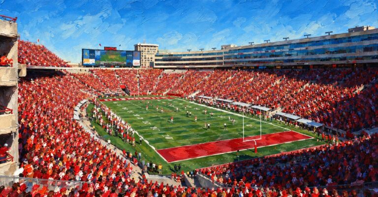 Editorial oil painting of Camp Randall Stadium in Madison.