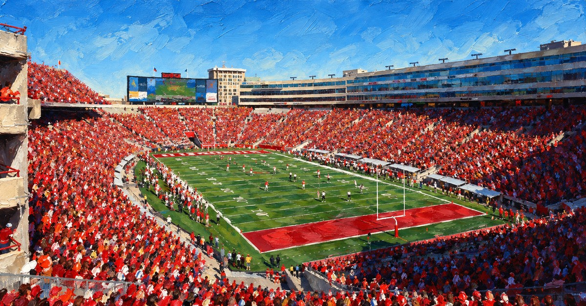 Editorial oil painting of Camp Randall Stadium in Madison.