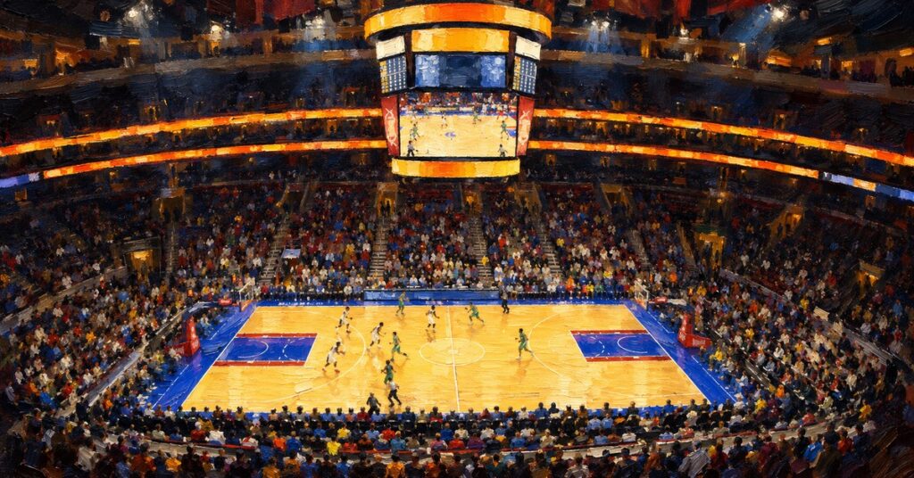 Editorial oil painting of Xfinity Mobile Arena in Philadelphia, with anonymous painterly figures and unlettered surfaces.