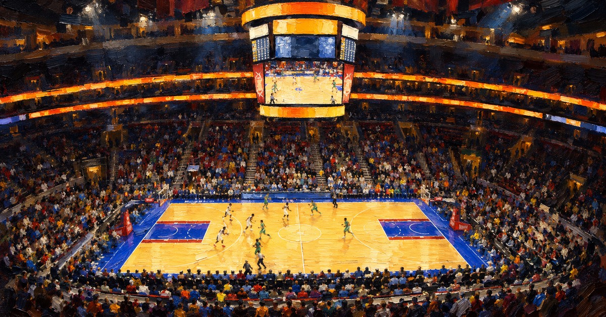 Editorial oil painting of Xfinity Mobile Arena in Philadelphia, with anonymous painterly figures and unlettered surfaces.