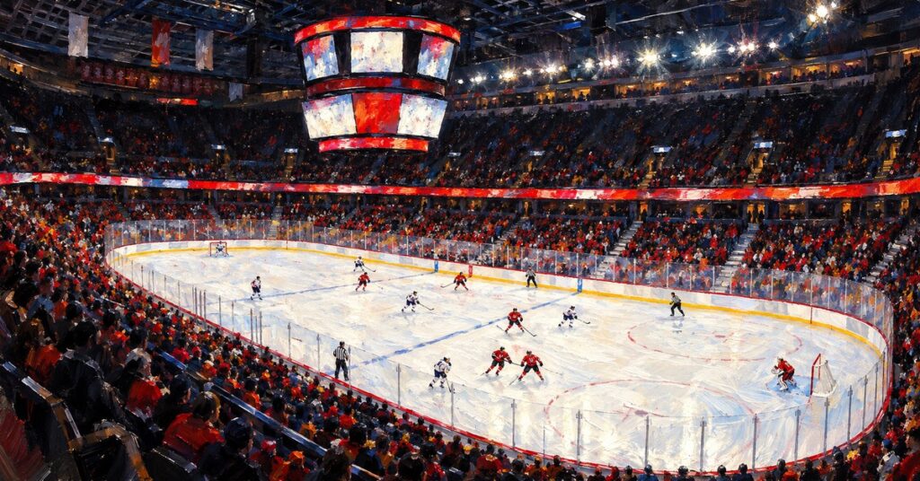 Editorial oil painting of Scotiabank Saddledome in Calgary.
