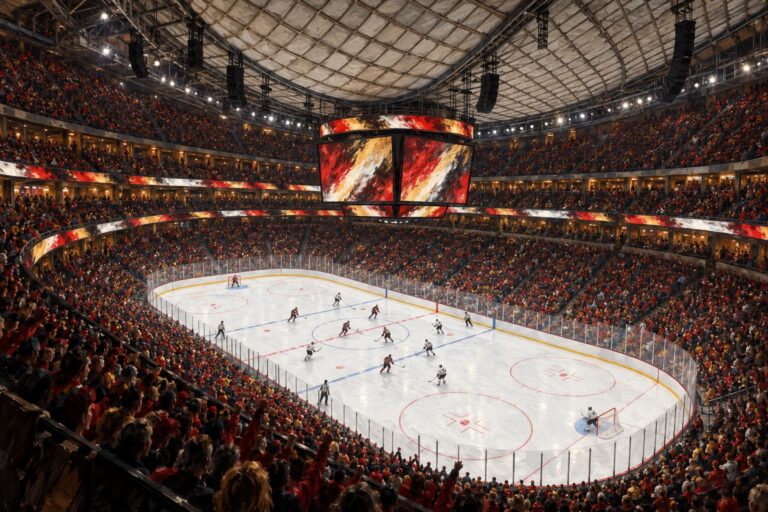 Illustrated interior of Scotiabank Saddledome in Calgary during a professional ice hockey game