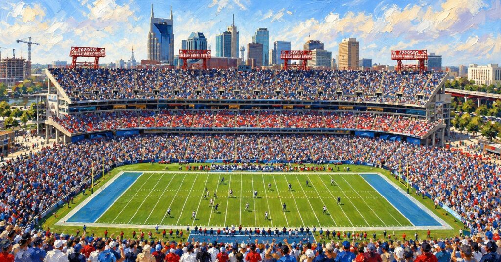 Editorial oil painting of Nissan Stadium in Nashville.
