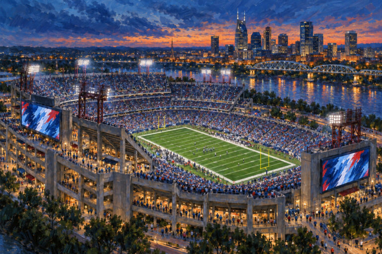 Oil painting of the current Nissan Stadium in Nashville during its 2026 football season