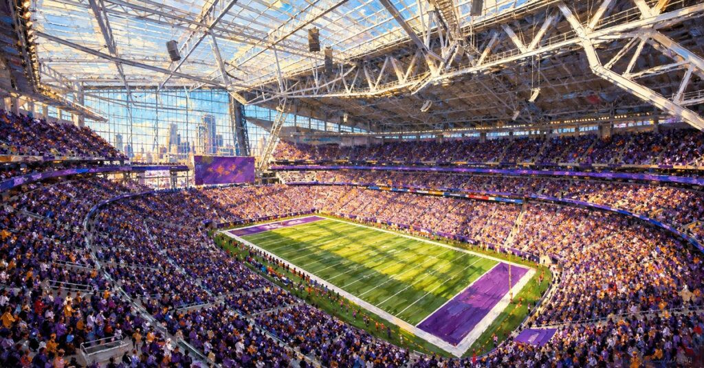 Editorial oil painting of U.S. Bank Stadium in Minneapolis.