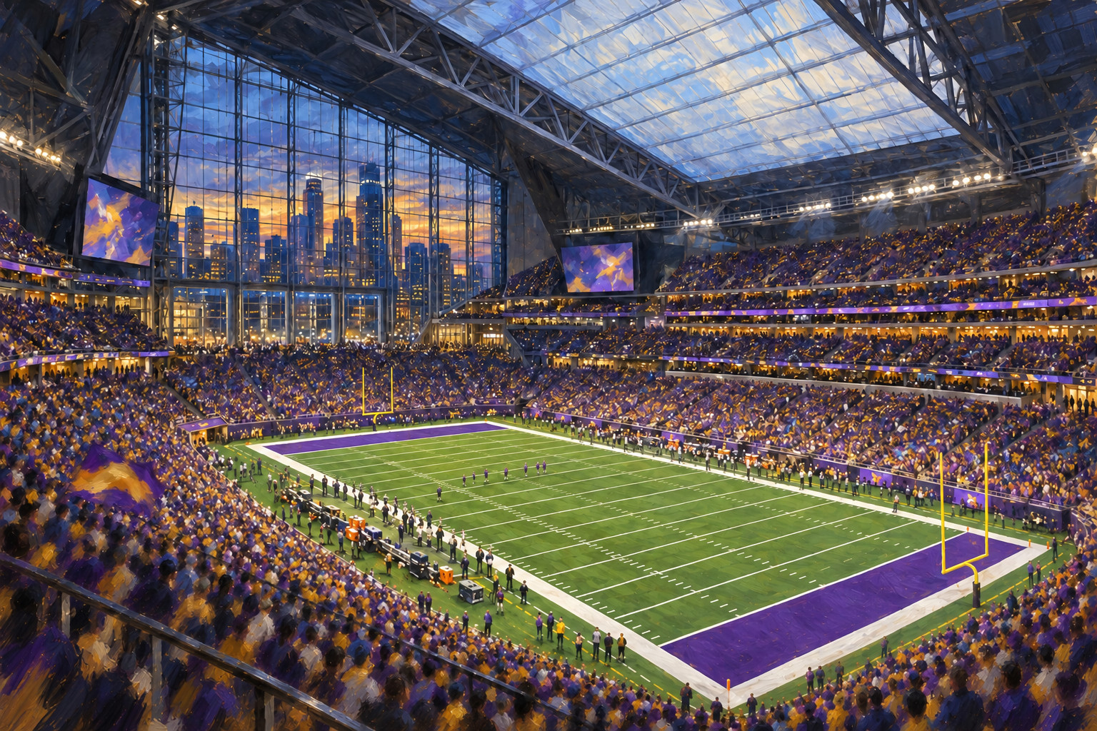 Painterly elevated interior view of U.S. Bank Stadium in Minneapolis, showing its translucent fixed roof, glass west wall, populated purple-and-gold seating bowl, and football field during a lively home-game atmosphere.