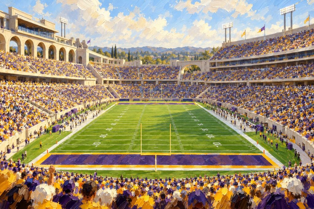 Refined editorial oil painting of a sports venue