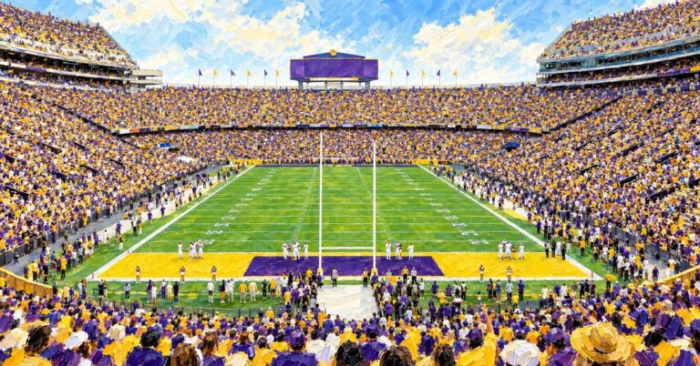 Editorial oil painting of Tiger Stadium in Baton Rouge.