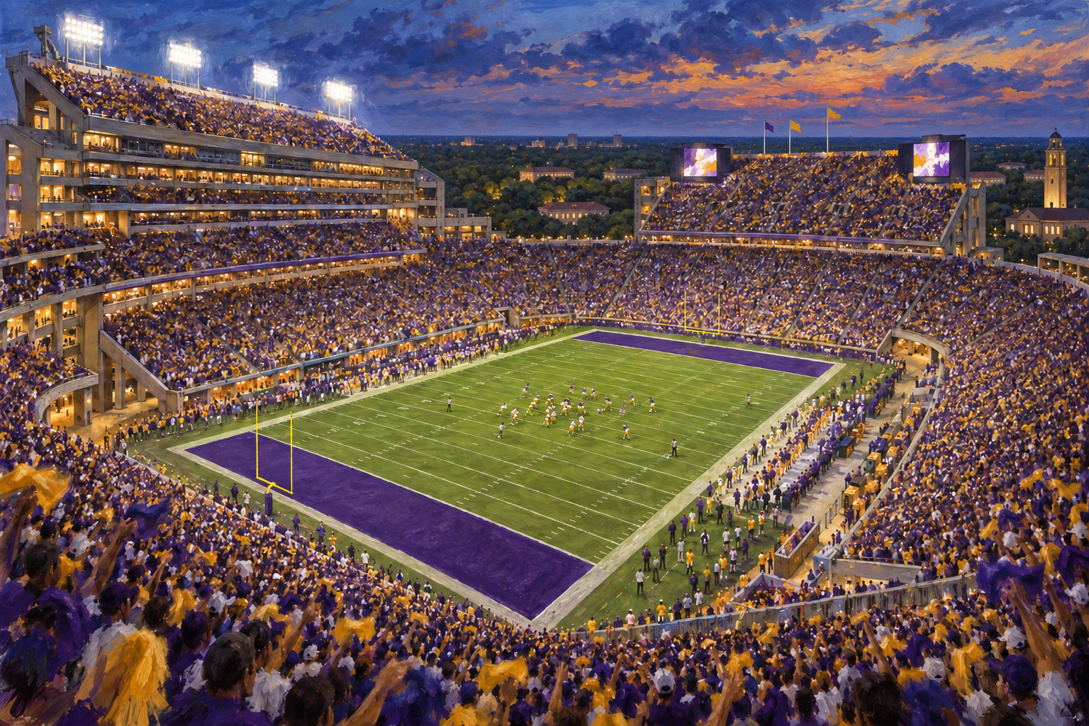 Oil painting of Tiger Stadium on game day