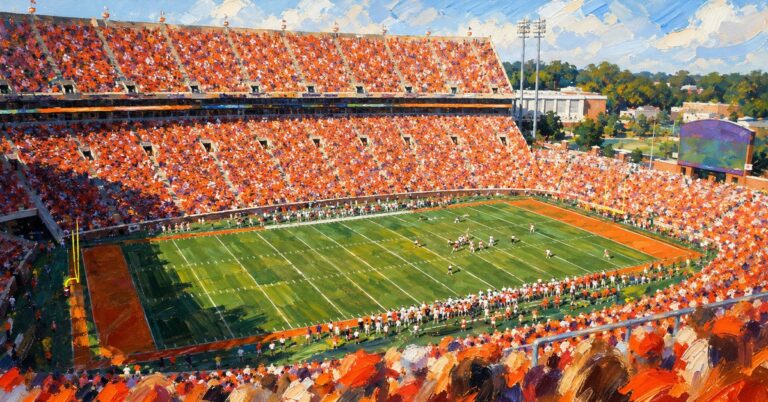 Editorial oil painting of Memorial Stadium in Clemson.