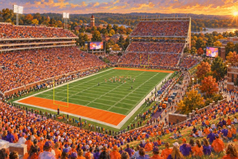 Oil painting of Clemson Memorial Stadium during a packed orange and purple football game