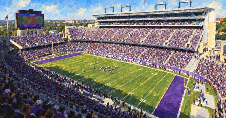 Editorial oil painting of Amon G. Carter Stadium in Fort Worth.