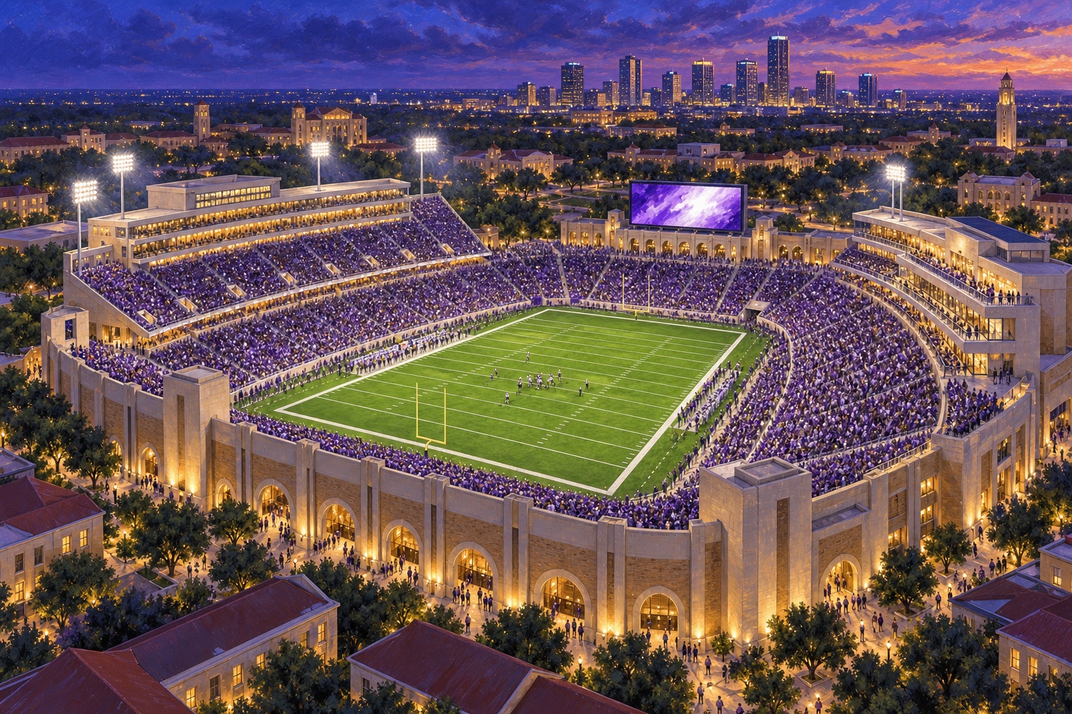 Painterly aerial view of a packed TCU football game at Amon G. Carter Stadium with Fort Worth beyond