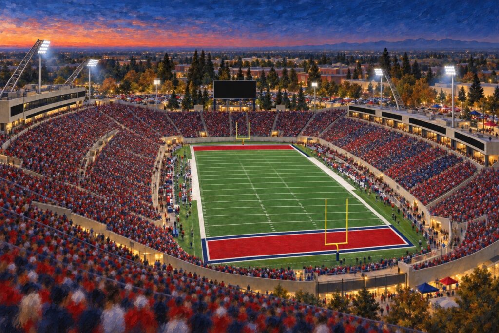 Editorial oil painting of Fresno State’s football stadium during a night game in Fresno, California.