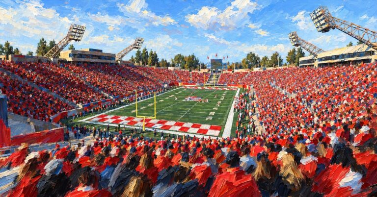 Editorial oil painting of Bulldog Stadium in Fresno.