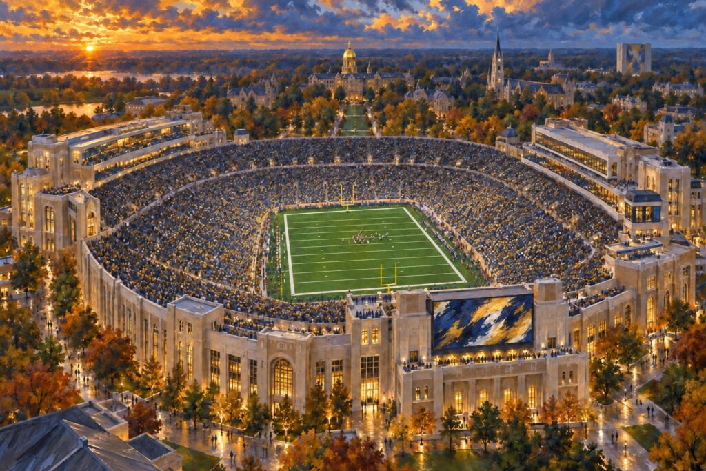 Oil painting of Notre Dame Stadium during a packed football game with the Golden Dome beyond at sunset