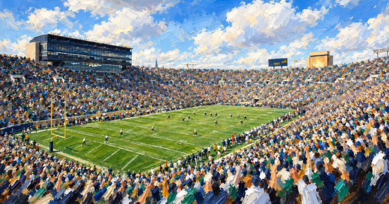 Editorial oil painting of Notre Dame Stadium in Notre Dame
