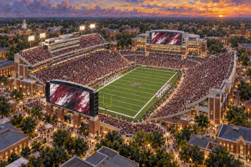 Oil painting of Davis Wade Stadium in Starkville during a packed Mississippi State football game at sunset