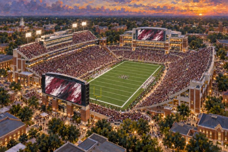 Oil painting of Davis Wade Stadium in Starkville during a packed Mississippi State football game at sunset