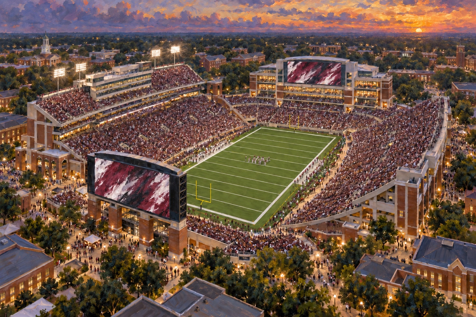Oil painting of Davis Wade Stadium in Starkville during a packed Mississippi State football game at sunset