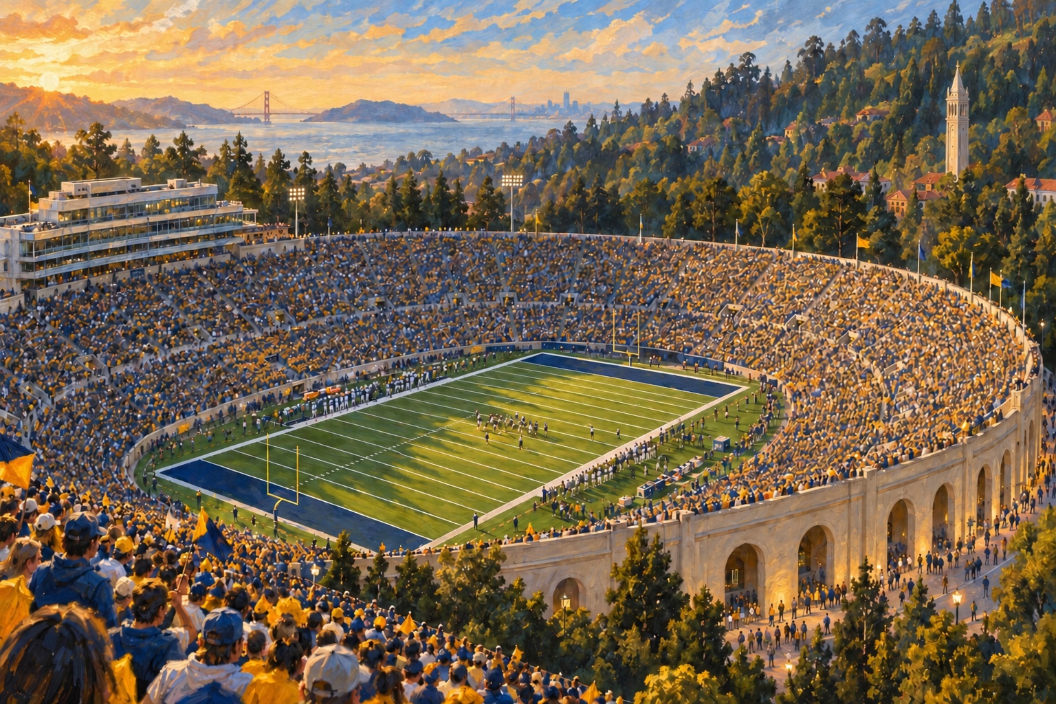 Oil painting of California Memorial Stadium during a California football game in Strawberry Canyon
