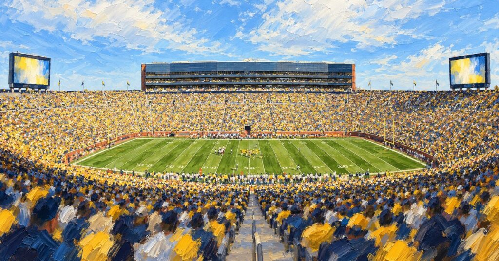 Editorial oil painting of Michigan Stadium in Ann Arbor