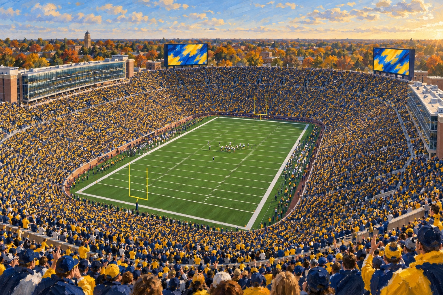 Oil painting of Michigan Stadium during a packed Michigan football game