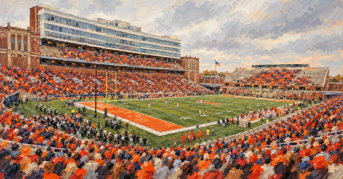 Editorial oil painting of Gies Memorial Stadium in Champaign