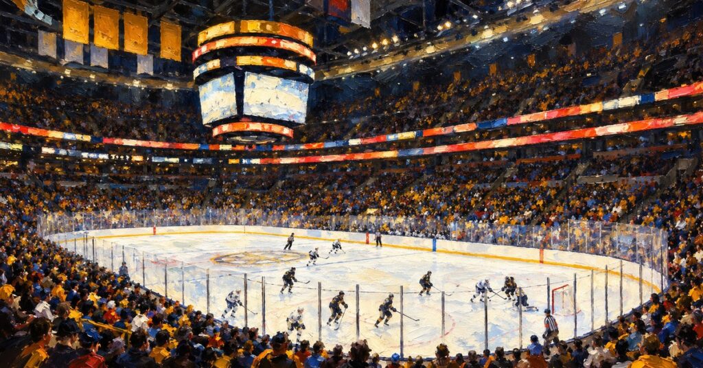 Editorial oil painting of TD Garden in Boston, with anonymous painterly figures and unlettered surfaces.