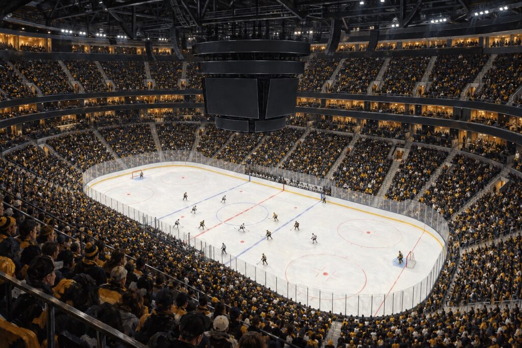 Editorial oil painting of TD Garden during a professional hockey night game in Boston, Massachusetts.