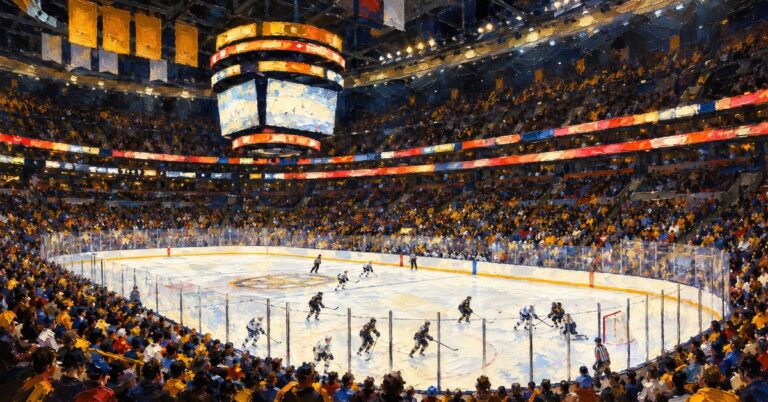 Editorial oil painting of TD Garden in Boston, with anonymous painterly figures and unlettered surfaces.