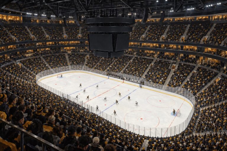 Editorial oil painting of TD Garden during a professional hockey night game in Boston, Massachusetts.