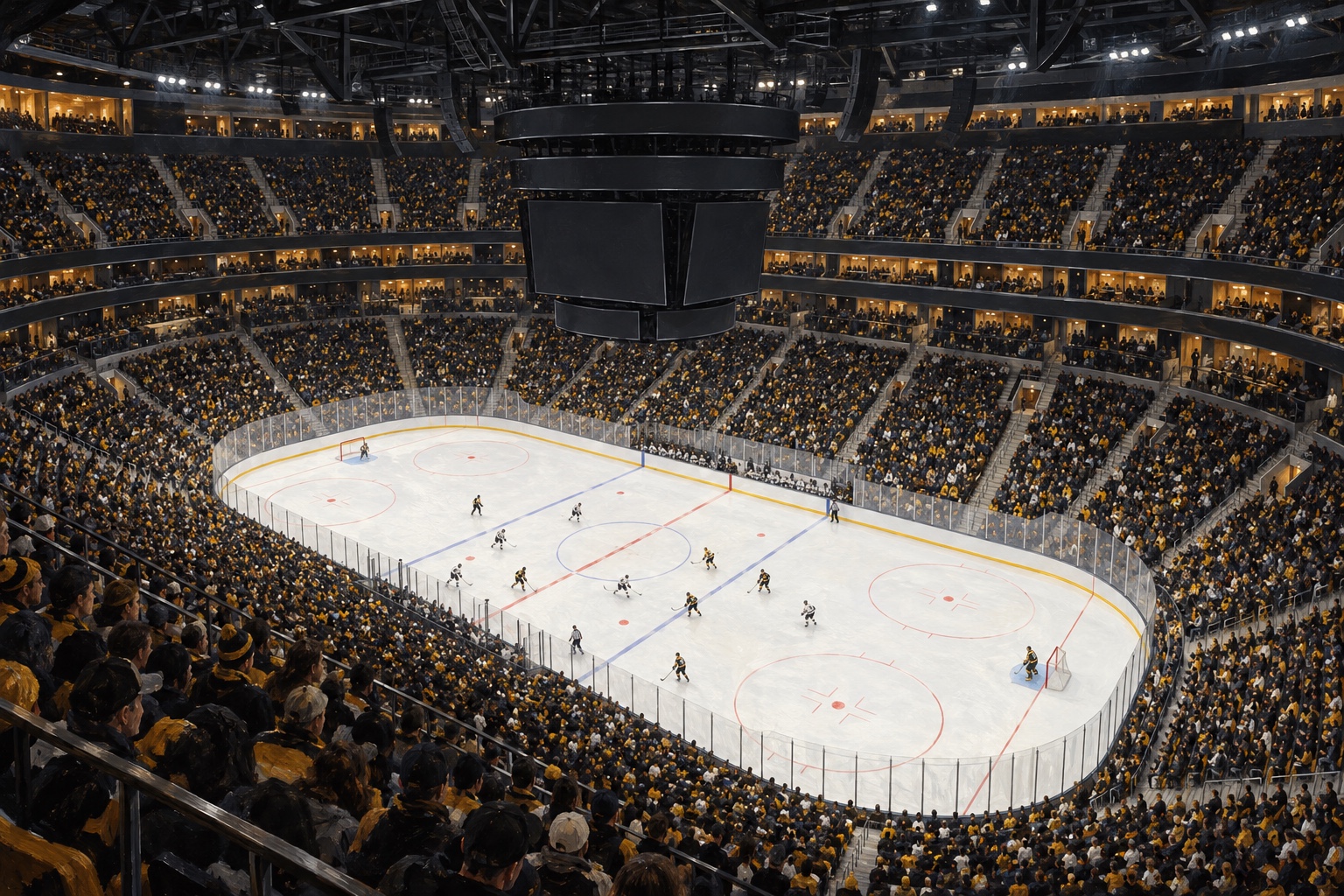 Editorial oil painting of TD Garden during a professional hockey night game in Boston, Massachusetts.