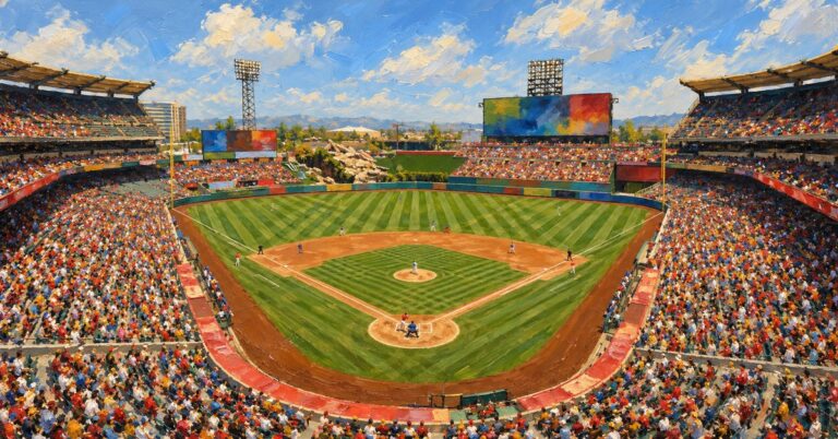 Editorial oil painting of Angel Stadium in Anaheim