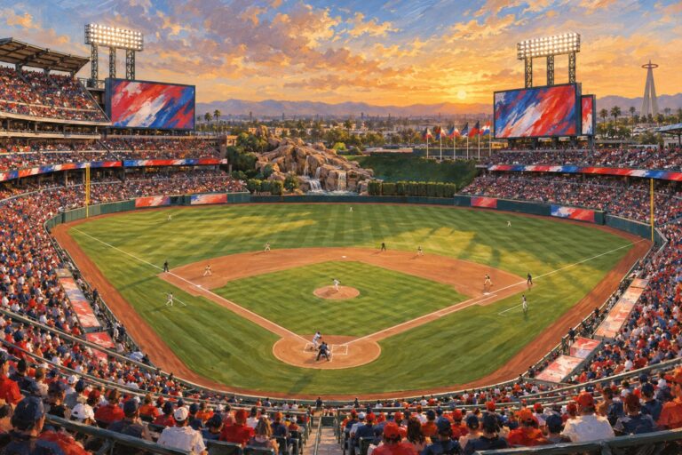 Oil painting of Angel Stadium on baseball game day