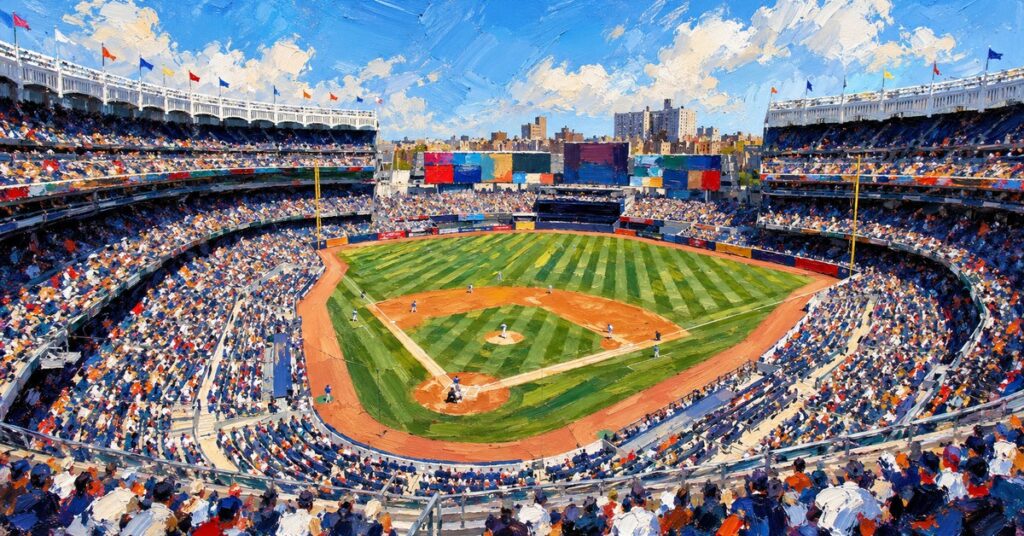 Editorial oil painting of Yankee Stadium in Bronx, with abstracted figures and unbranded architecture.