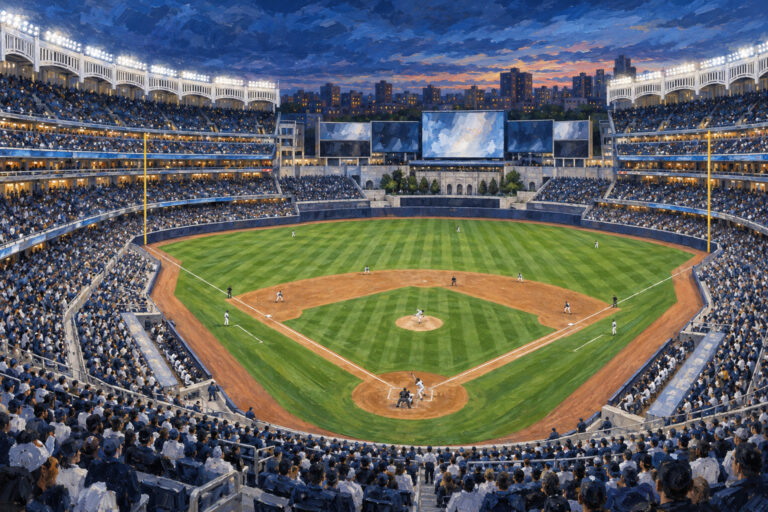 Oil painting of Yankee Stadium on game day