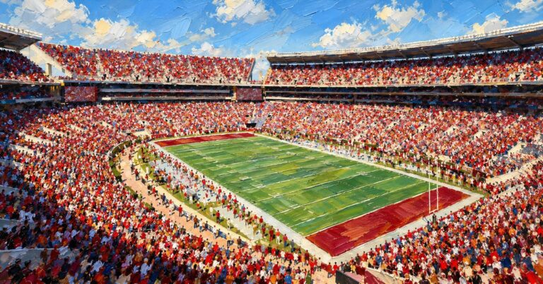 Editorial oil painting of Bryant-Denny Stadium in Tuscaloosa, with abstracted figures and unbranded architecture.