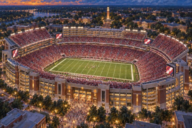 Oil painting of Bryant-Denny Stadium in Tuscaloosa during a packed Alabama football game at blue hour