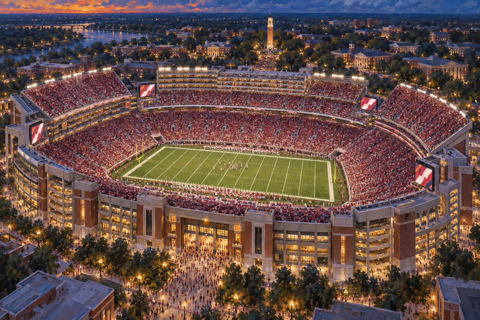 Oil painting of Bryant-Denny Stadium in Tuscaloosa during a packed Alabama football game at blue hour