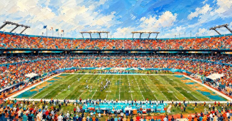 Editorial oil painting of Hard Rock Stadium in Miami Gardens, with abstracted figures and unbranded architecture.