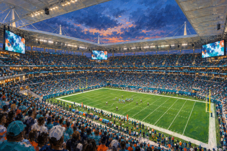 Oil painting of Hard Rock Stadium in Miami Gardens during a football game day