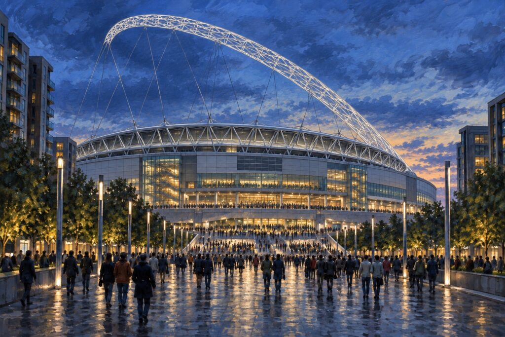 Editorial oil painting of Wembley Stadium and its arch at blue hour.